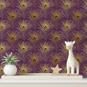 Elegante Plum Gold Glitter Peacock Veren Chic Behang
