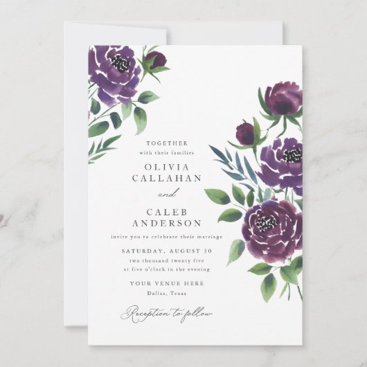 Elegante Plum Paarse Bloemen Huwelijksuitnodiging Kaart (Voorkant)