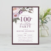 Elegante Plum Paarse Bloemen Script 100ste Verjaar Kaart (Staand voorkant)