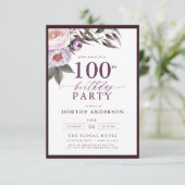 Elegante Plum Paarse Bloemen Script 100ste Verjaar Kaart (Staand voorkant)
