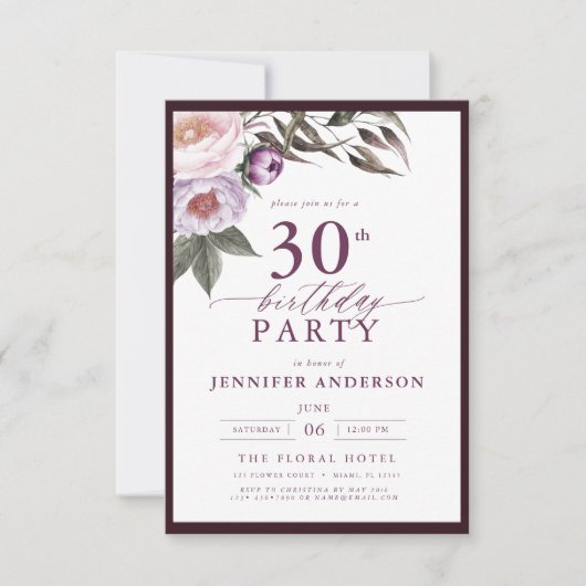 Elegante Plum Paarse Bloemen Script 30ste Verjaard Kaart (Voorkant)