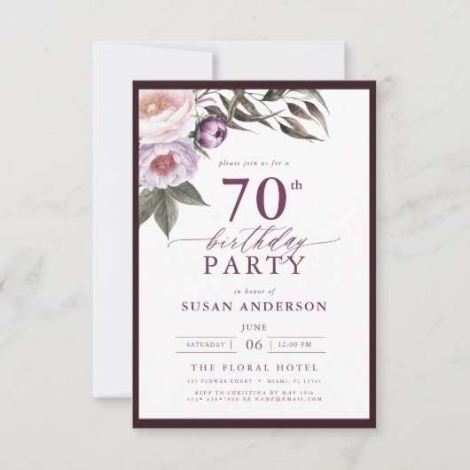 Elegante Plum Paarse Bloemen Script 70ste Verjaard Kaart (Voorkant)