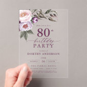 Elegante Plum Paarse Bloemen Script 80ste Verjaard Acryl Uitnodigingen (Insitu (Draagbaar))