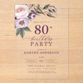 Elegante Plum Paarse Bloemen Script 80ste Verjaard Acryl Uitnodigingen (Voorkant)