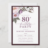 Elegante Plum Paarse Bloemen Script 80ste Verjaard Kaart (Voorkant)