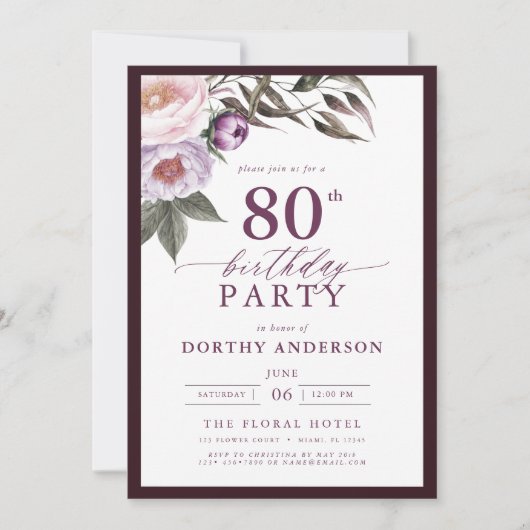 Elegante Plum Paarse Bloemen Script 80ste Verjaard Kaart (Voorkant)