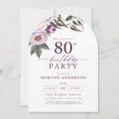Elegante Plum Paarse Bloemen Script 80ste Verjaard Kaart (Voorkant)