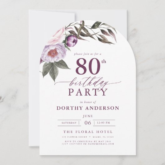 Elegante Plum Paarse Bloemen Script 80ste Verjaard Kaart (Voorkant)