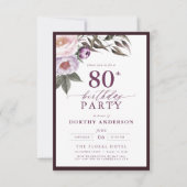 Elegante Plum Paarse Bloemen Script 80ste Verjaard Kaart (Voorkant)