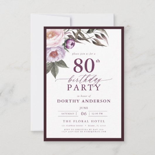 Elegante Plum Paarse Bloemen Script 80ste Verjaard Kaart (Voorkant)