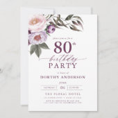 Elegante Plum Paarse Bloemen Script 80ste Verjaard Kaart (Voorkant)