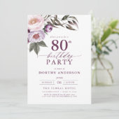 Elegante Plum Paarse Bloemen Script 80ste Verjaard Kaart (Staand voorkant)