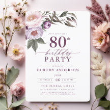 Elegante Plum Paarse Bloemen Script 80ste Verjaard