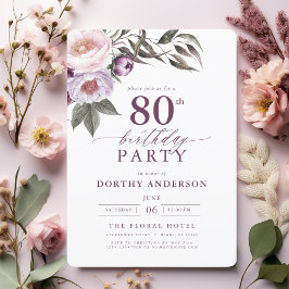 Elegante Plum Paarse Bloemen Script 80ste Verjaard Kaart