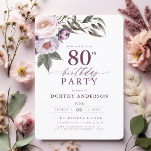 Elegante Plum Paarse Bloemen Script 80ste Verjaard Kaart