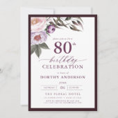 Elegante Plum Paarse Bloemen Script 80ste Verjaard Kaart (Voorkant)