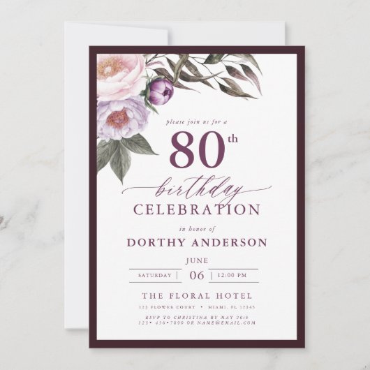 Elegante Plum Paarse Bloemen Script 80ste Verjaard Kaart (Voorkant)