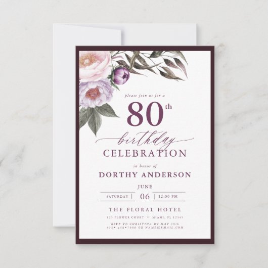 Elegante Plum Paarse Bloemen Script 80ste Verjaard Kaart (Voorkant)