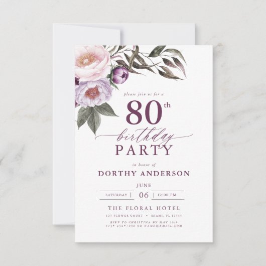 Elegante Plum Paarse Bloemen Script 80ste Verjaard Kaart (Voorkant)