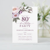 Elegante Plum Paarse Bloemen Script 80ste Verjaard Kaart (Staand voorkant)