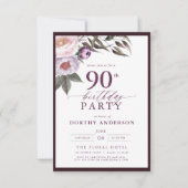 Elegante Plum Paarse Bloemen Script 90ste Verjaard Kaart (Voorkant)