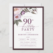 Elegante Plum Paarse Bloemen Script 90ste Verjaard Kaart (Voorkant)