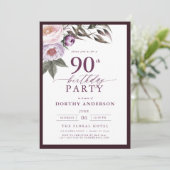Elegante Plum Paarse Bloemen Script 90ste Verjaard Kaart (Staand voorkant)