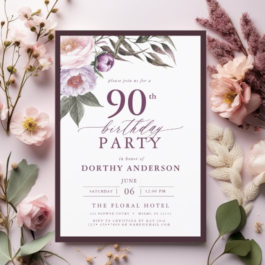 Elegante Plum Paarse Bloemen Script 90ste Verjaard Kaart