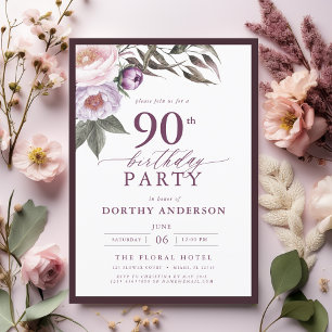 Elegante Plum Paarse Bloemen Script 90ste Verjaard Kaart