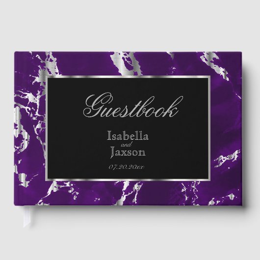 Elegante Plum Paarse en Silver Marble Guestbook Gastenboek (Voorkant)