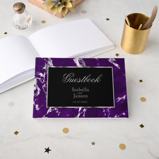 Elegante Plum Paarse en Silver Marble Guestbook Gastenboek (Voorkant open)
