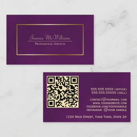 Elegante Plum Paarse & Gold Professionele QR-code Visitekaartje (Voorkant / Achterkant)