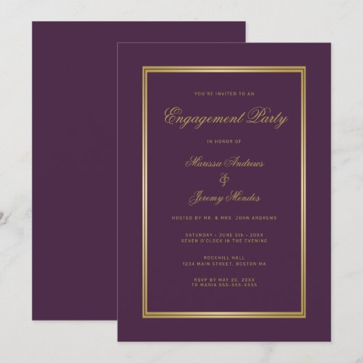 Elegante Plum Paarse Gold Script Engagement Party Kaart (Voorkant / Achterkant)