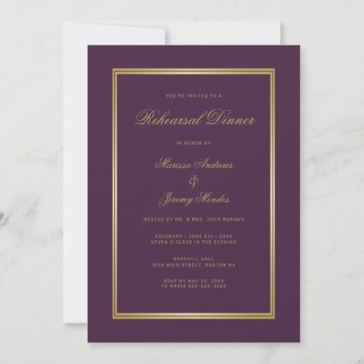 Elegante Plum Paarse Gold Script repetitie diner Kaart (Voorkant)