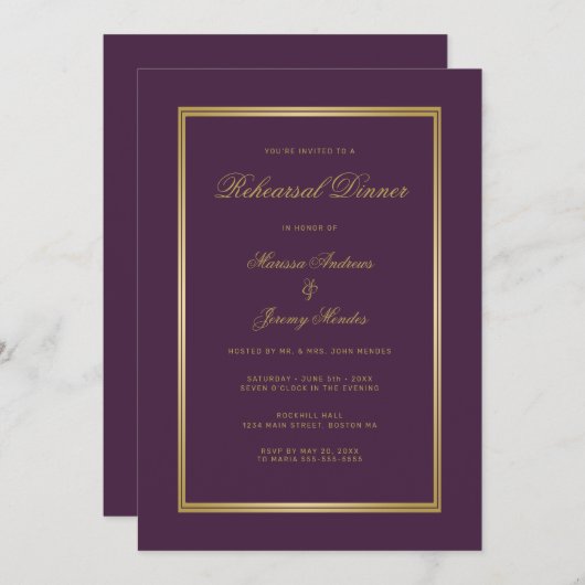 Elegante Plum Paarse Gold Script repetitie diner Kaart (Voorkant / Achterkant)