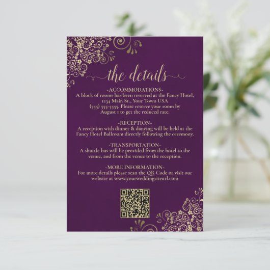 Elegante Plum Paarse & Gold Wedding QR Code Detail Informatiekaartje (Staand voorkant)