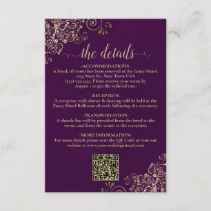 Elegante Plum Paarse & Gold Wedding QR Code Detail Informatiekaartje