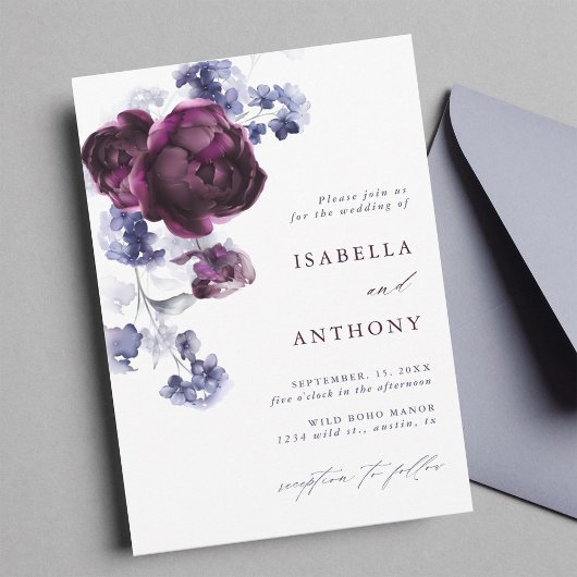 Elegante Plum Paarse & Indigo Blue Floral Wedding Kaart