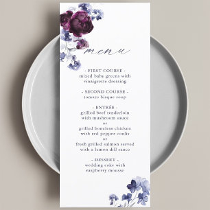 Elegante Plum Paarse & Indigo Blue Floral Wedding Menu