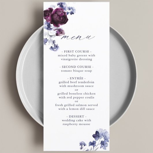 Elegante Plum Paarse & Indigo Blue Floral Wedding Menu