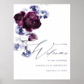Elegante Plum Paarse & Indigo Blue Floral Wedding Poster (Voorkant)
