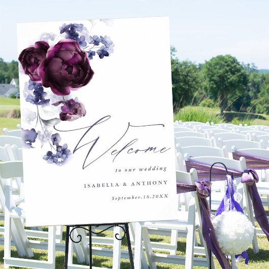 Elegante Plum Paarse & Indigo Blue Floral Wedding Poster