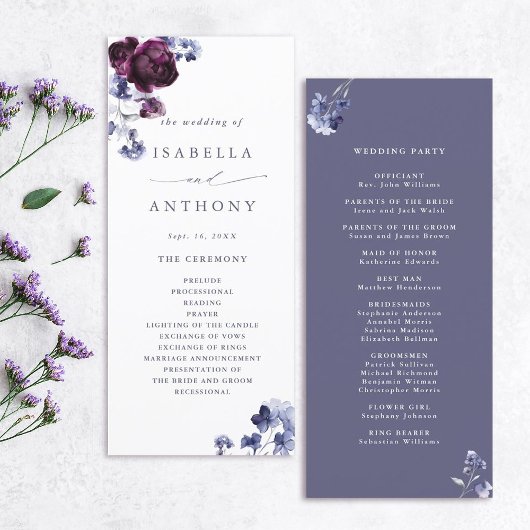 Elegante Plum Paarse & Indigo Blue Floral Wedding Programmakaart