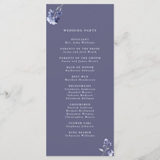 Elegante Plum Paarse & Indigo Blue Floral Wedding Programmakaart (Achterkant)