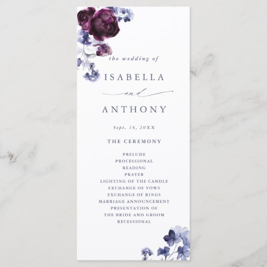 Elegante Plum Paarse & Indigo Blue Floral Wedding Programmakaart (Voorkant)
