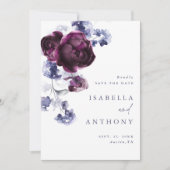 Elegante Plum Paarse & Indigo Blue Floral Wedding Save The Date (Voorkant)