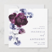 Elegante Plum Paarse & Indigo Blue Floral Wedding Save The Date (Voorkant)