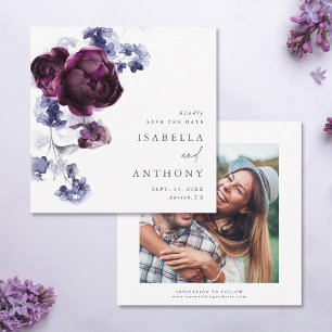 Elegante Plum Paarse & Indigo Blue Floral Wedding Save The Date
