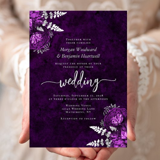 Elegante Plum Silver Floral Wedding Kaart