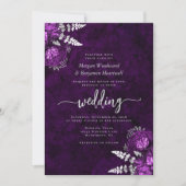 Elegante Plum Silver Floral Wedding Kaart (Voorkant)